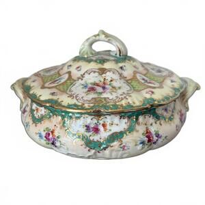 Antique Ornate hand-painted floral Chinese porcelain lidded serving dish